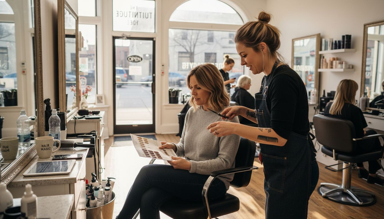 Client and stylist reviewing hair color samples