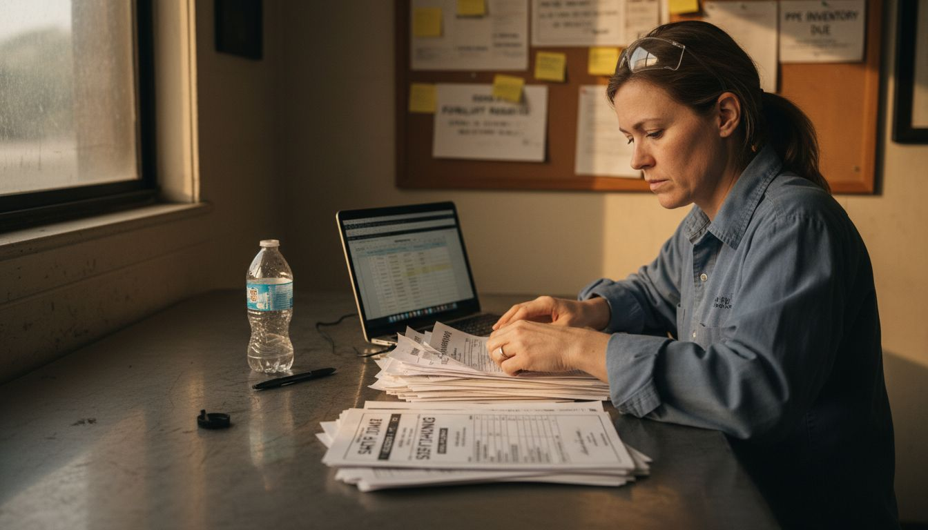 Worker organizing forklift training certificates