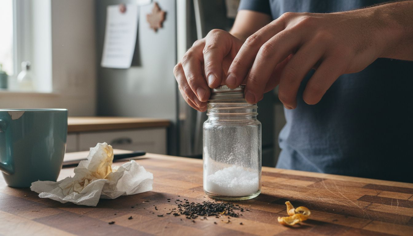 Close-up of hands opening CBD isolate jar