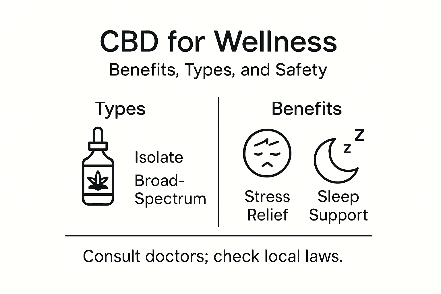 Infographic summarizing CBD wellness benefits and types