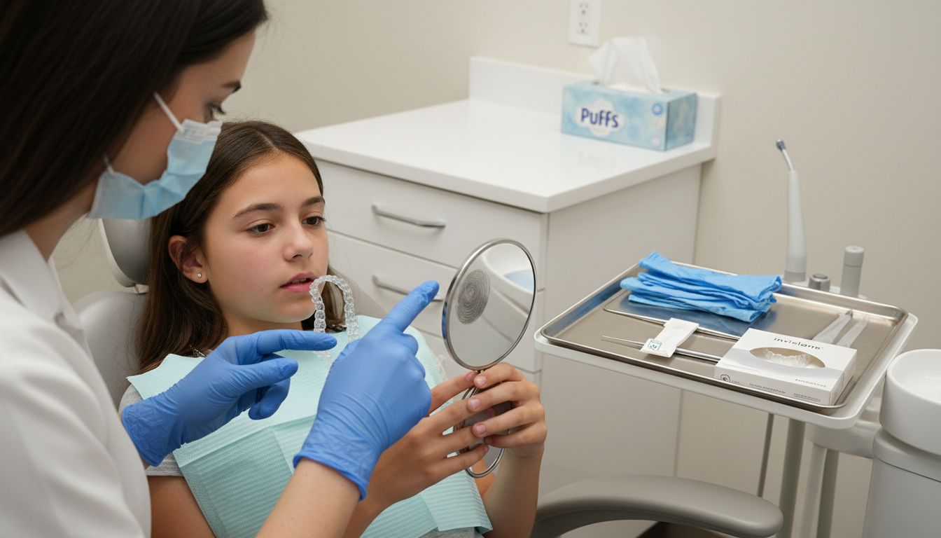 Child examines clear orthodontic aligners