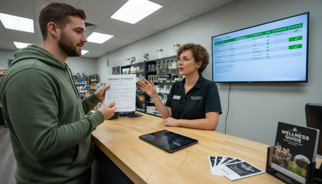 Customer checks cannabis lab results in dispensary