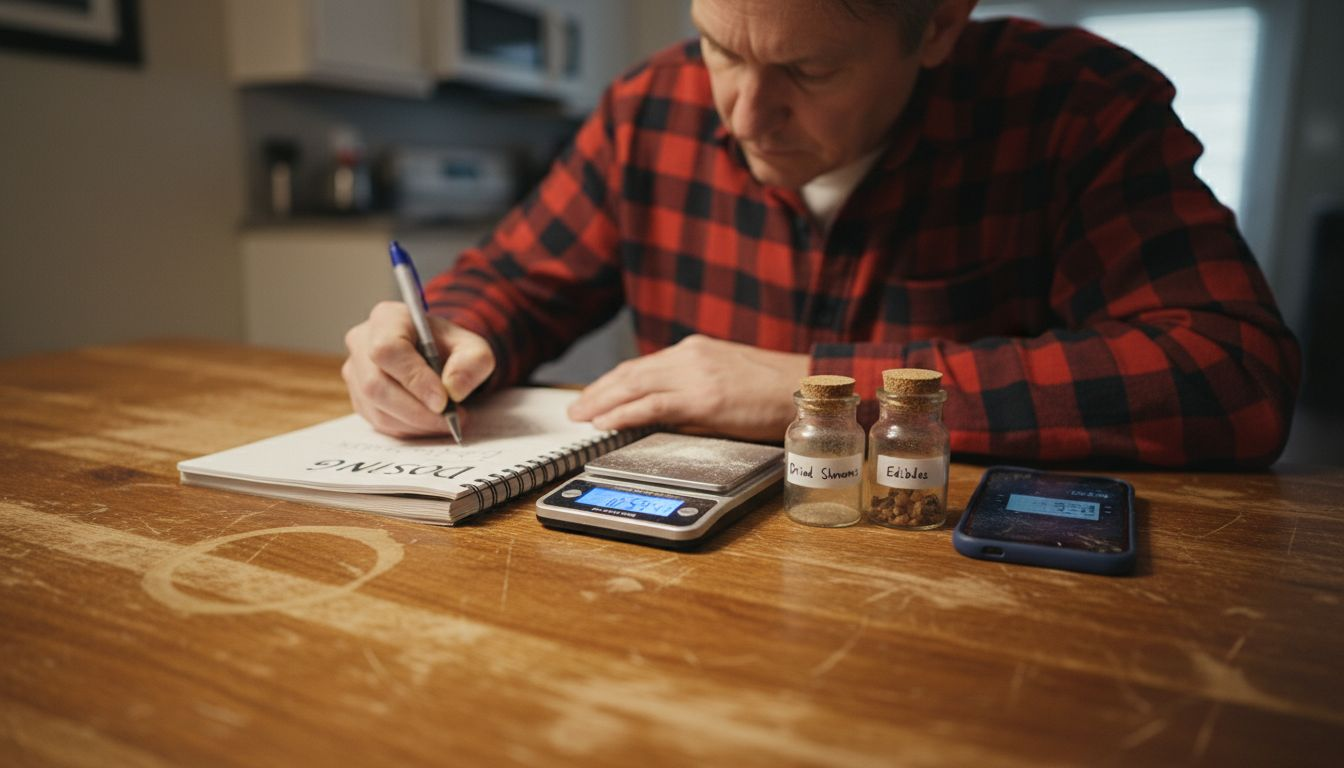 Notepad with dried shrooms and edibles dosage