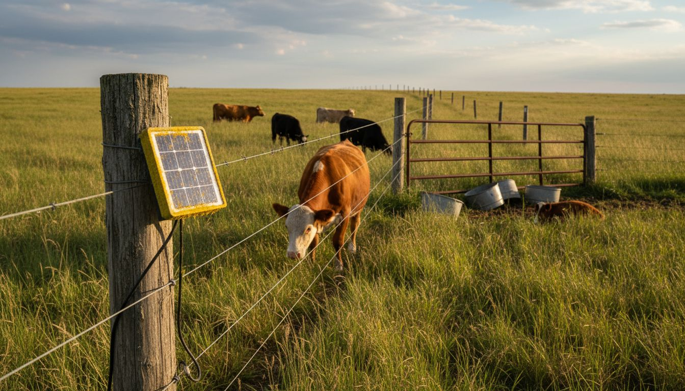 Cows near solar-powered electric fence line