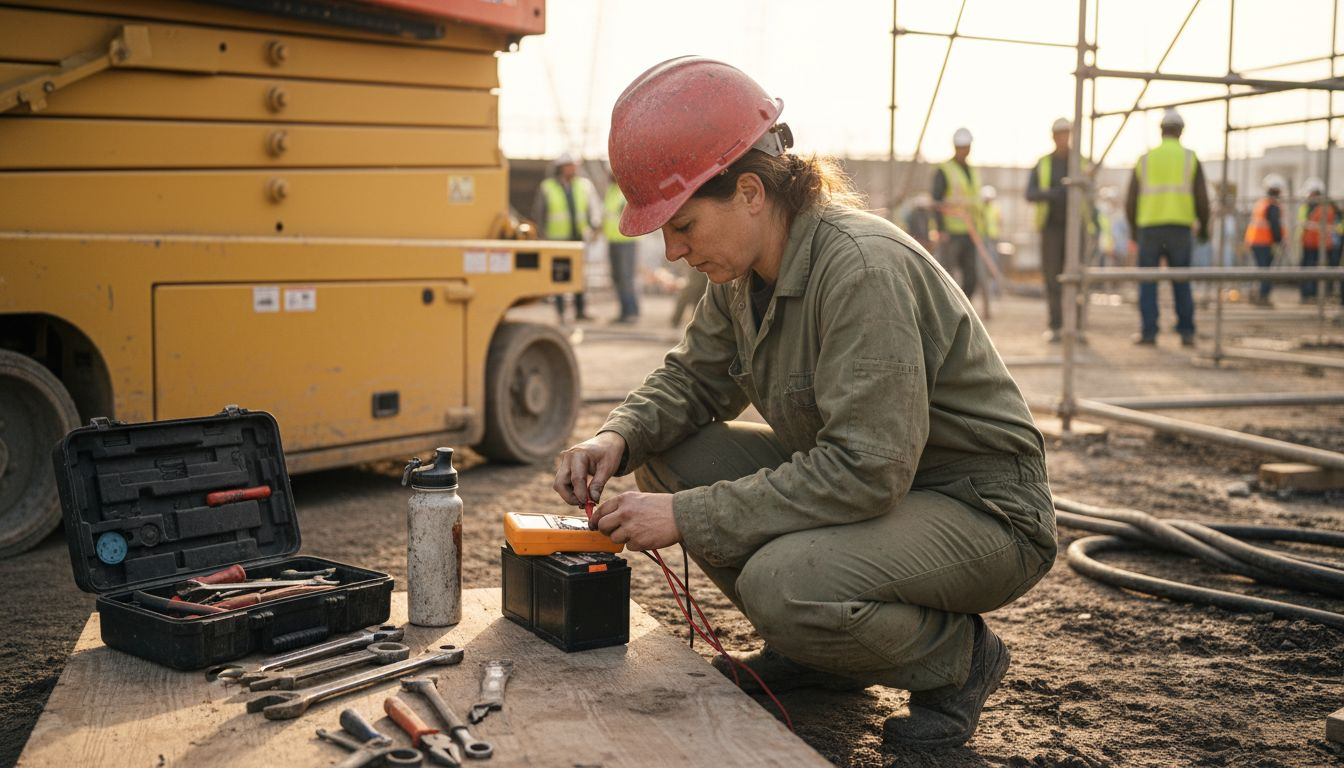 Worker inspecting scissor lift batteries
