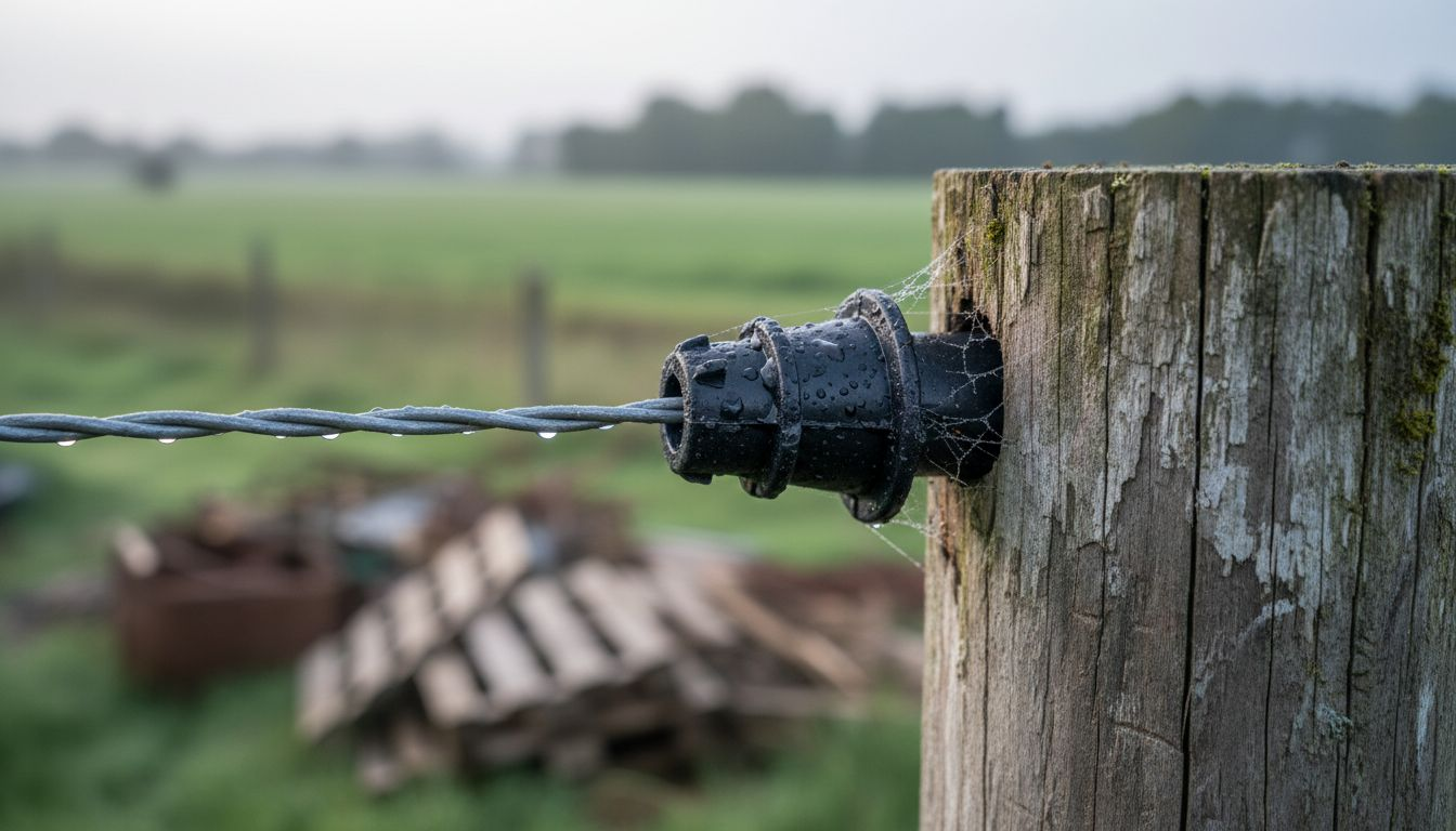 Closeup of insulator attaching wire to post