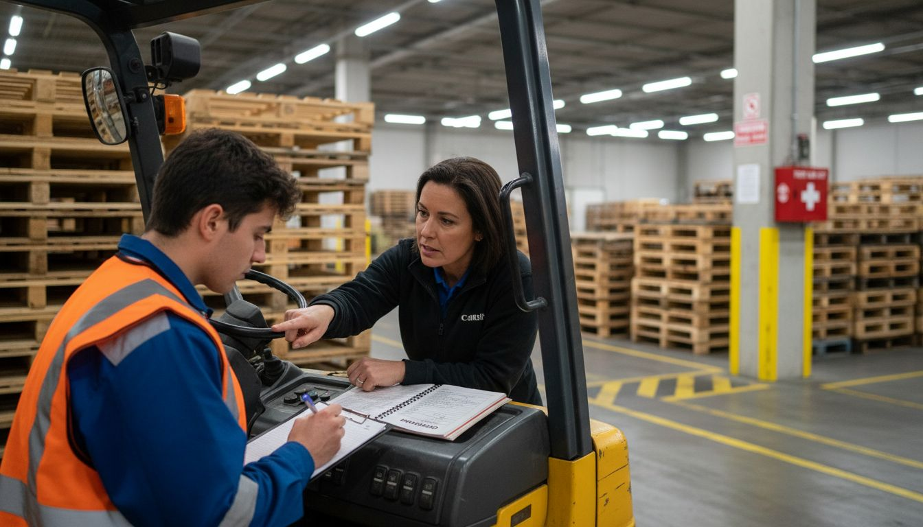 Trainer showing forklift safety procedures