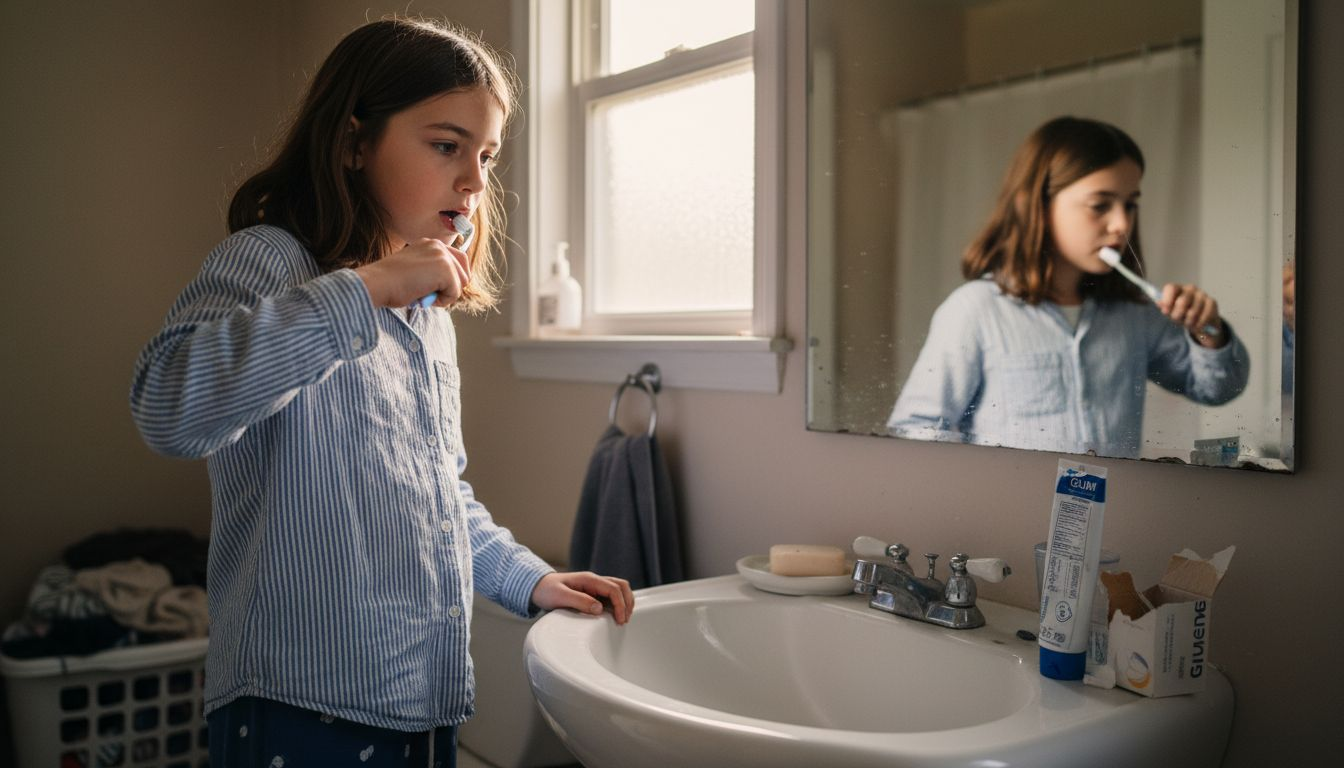 Girl brushing teeth with braces near bathroom sink