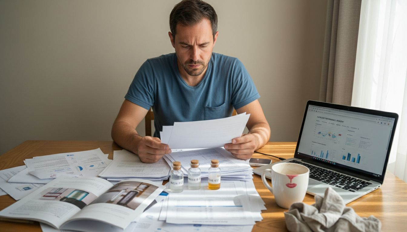 Man reviewing psilocybin product documentation for safety
