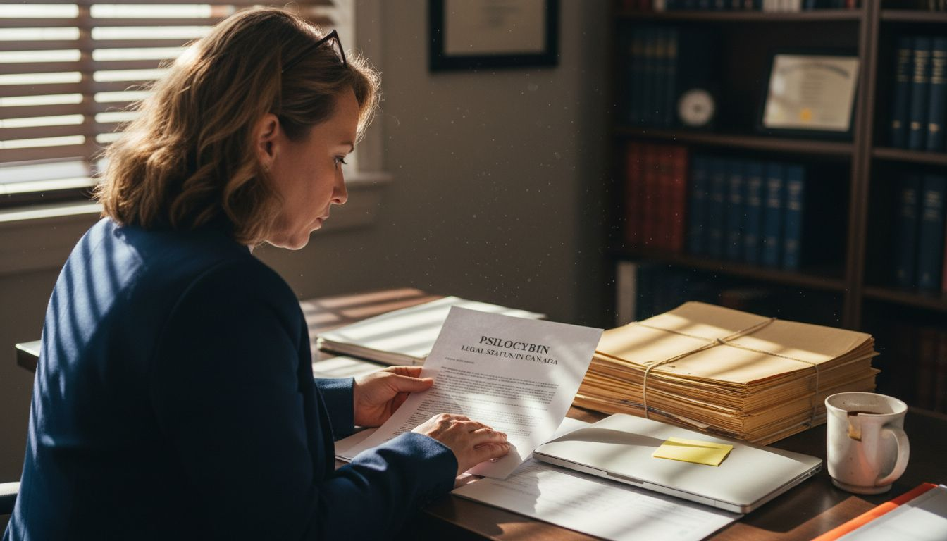 Lawyer reviewing psilocybin legal documents