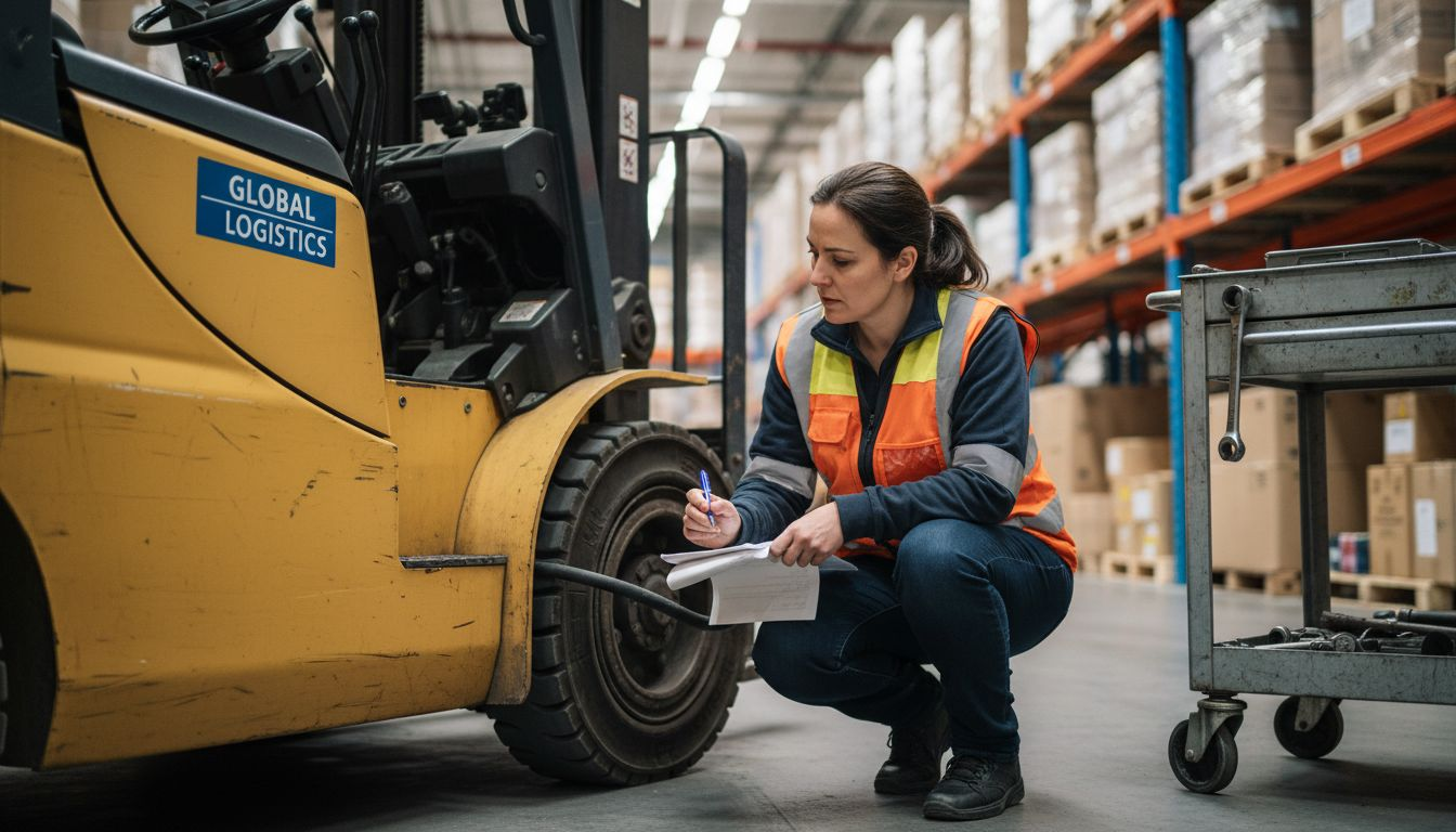 Operator inspecting forklift tire and recording notes