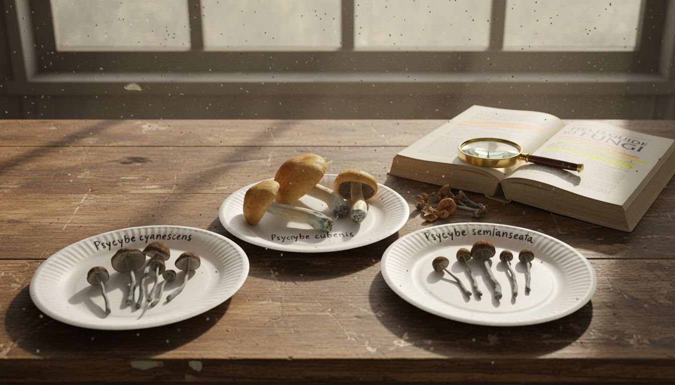 Different psilocybin mushroom species on labeled plates