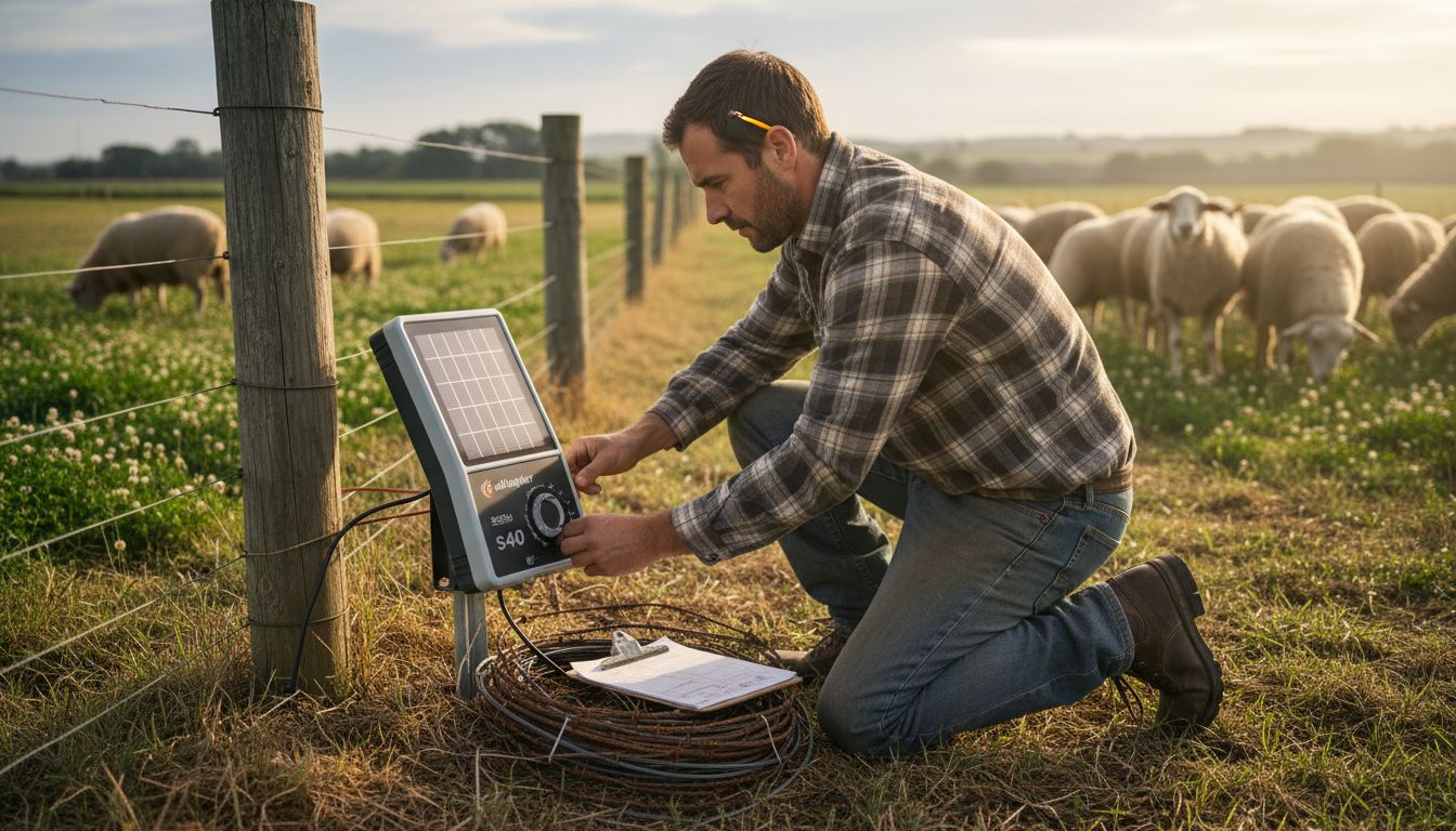 Worker adjusts solar fence charger near sheep