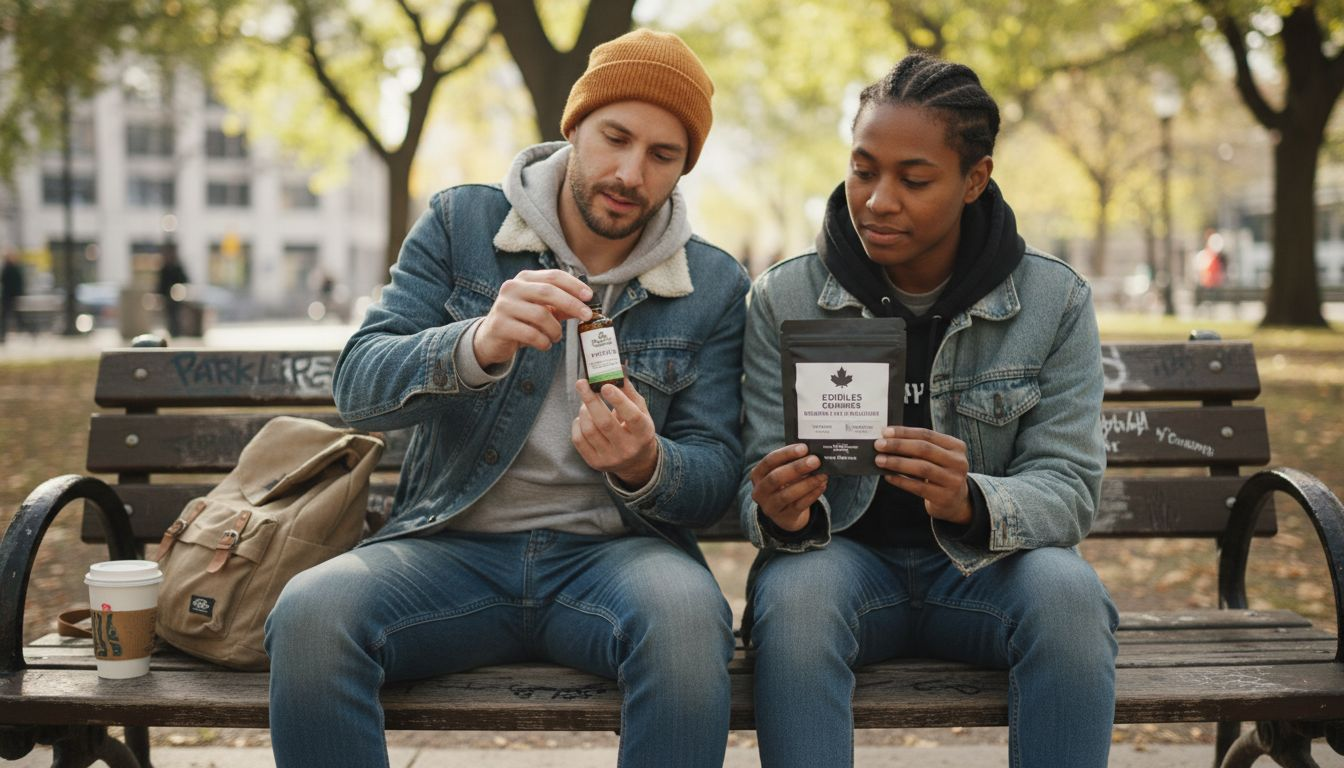 Comparing cannabis products in city park