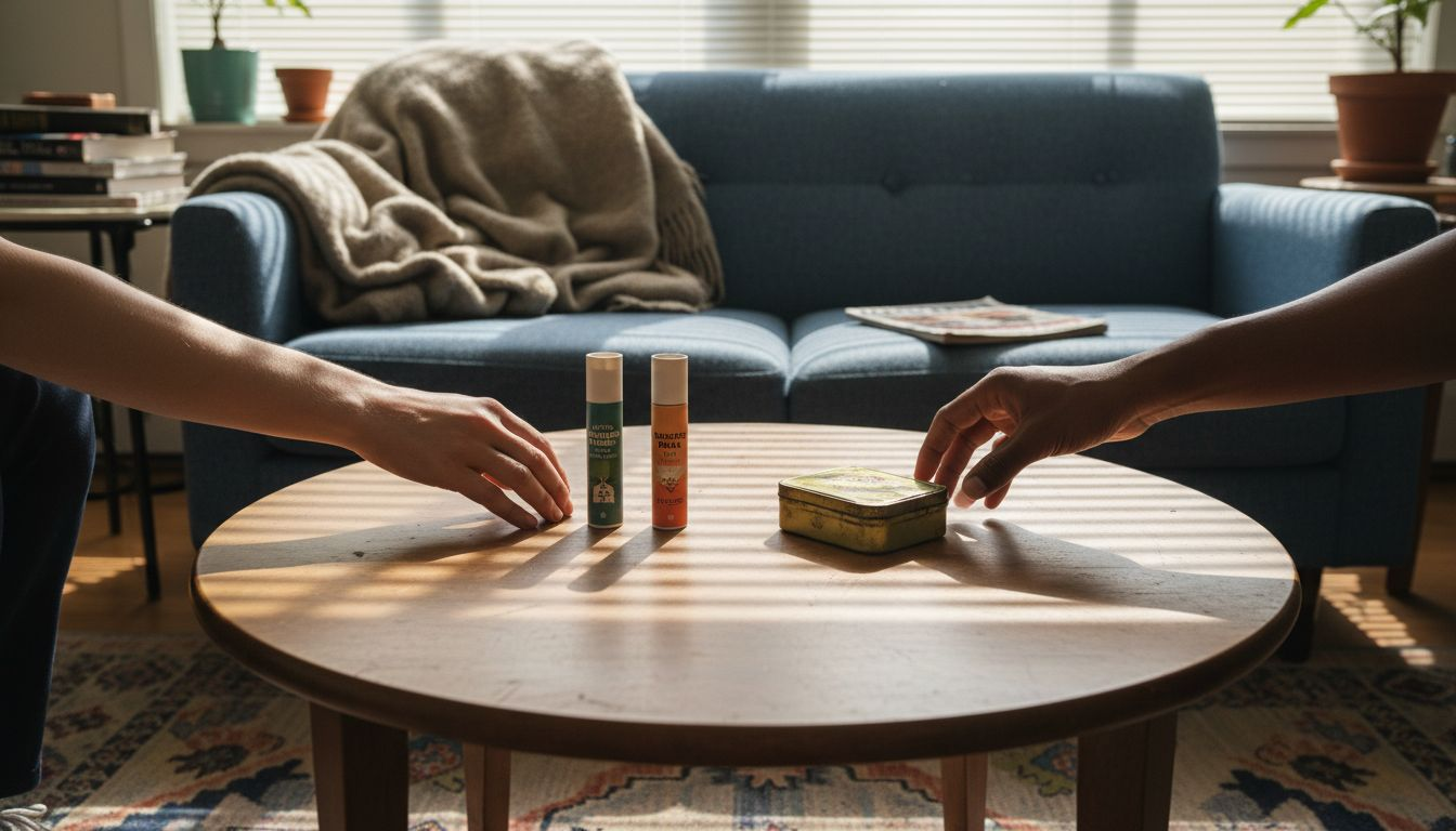Arranging cannabis bundles on coffee table