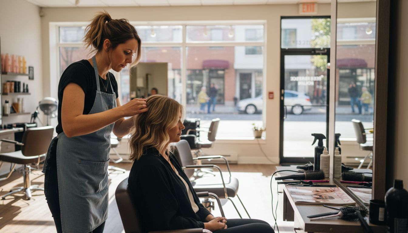 Stylist tending client in busy salon