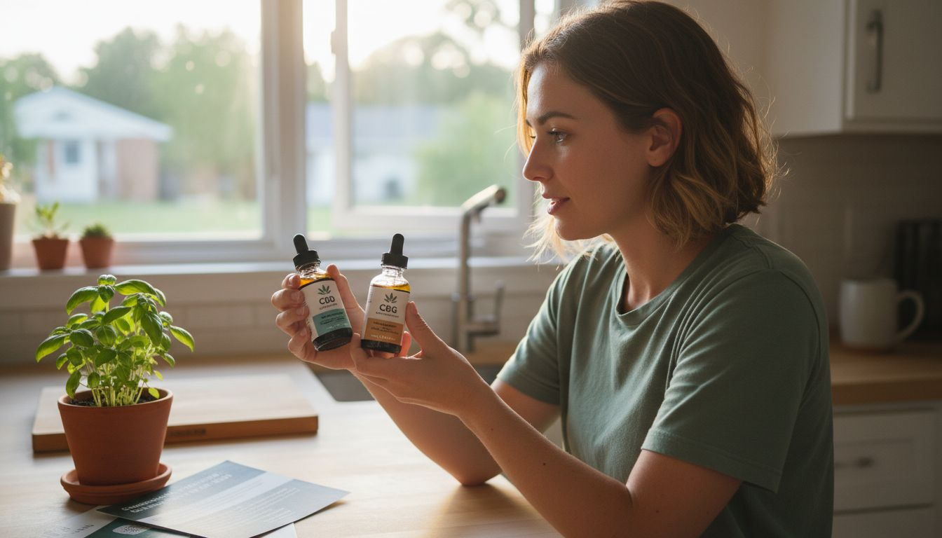 Woman comparing cannabinoid product bottles