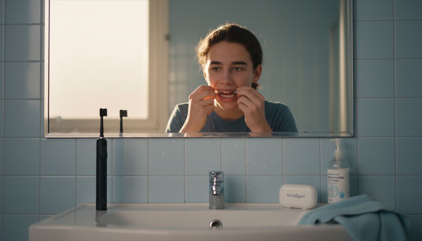 Teen safely removing aligners in bathroom