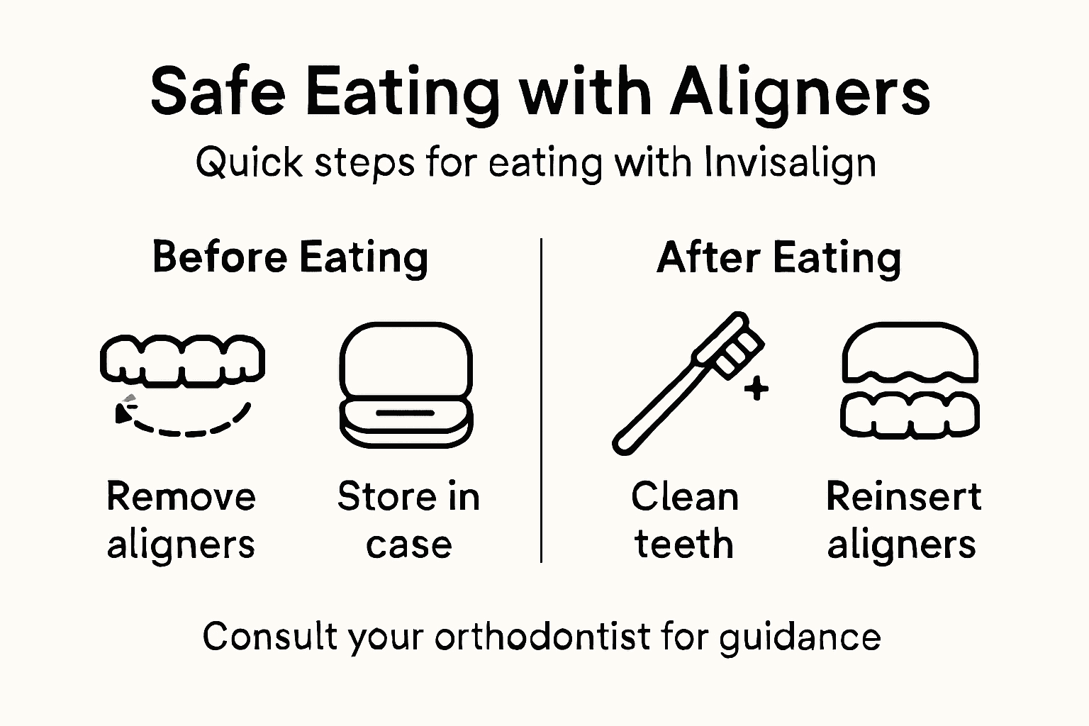 Infographic on safe eating steps with aligners