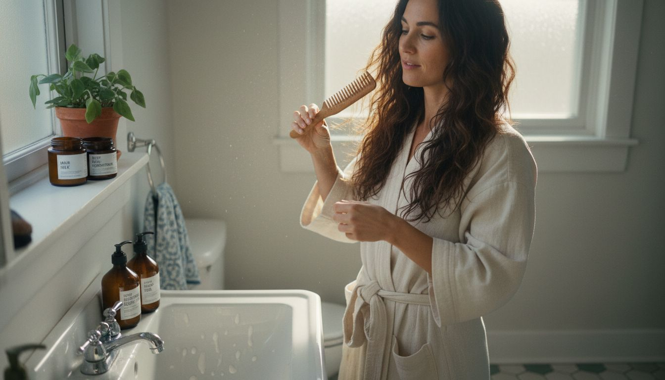 Woman managing thick hair in bathroom