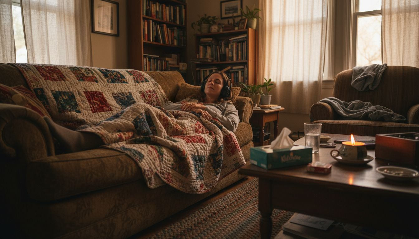 Person relaxing in cozy psilocybin setting