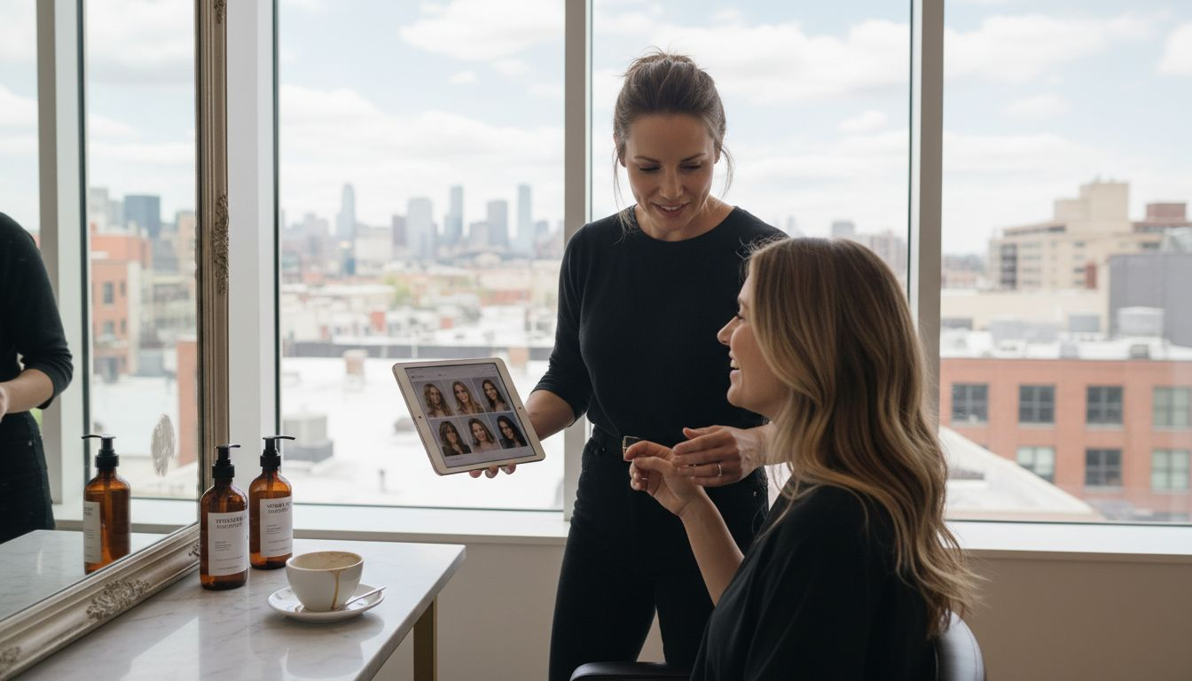 Stylist consulting client on hair texture