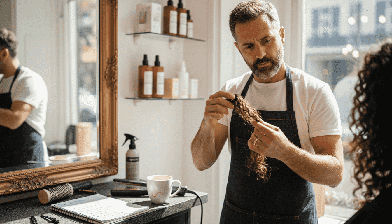 Professional stylist analyzing curly hair texture
