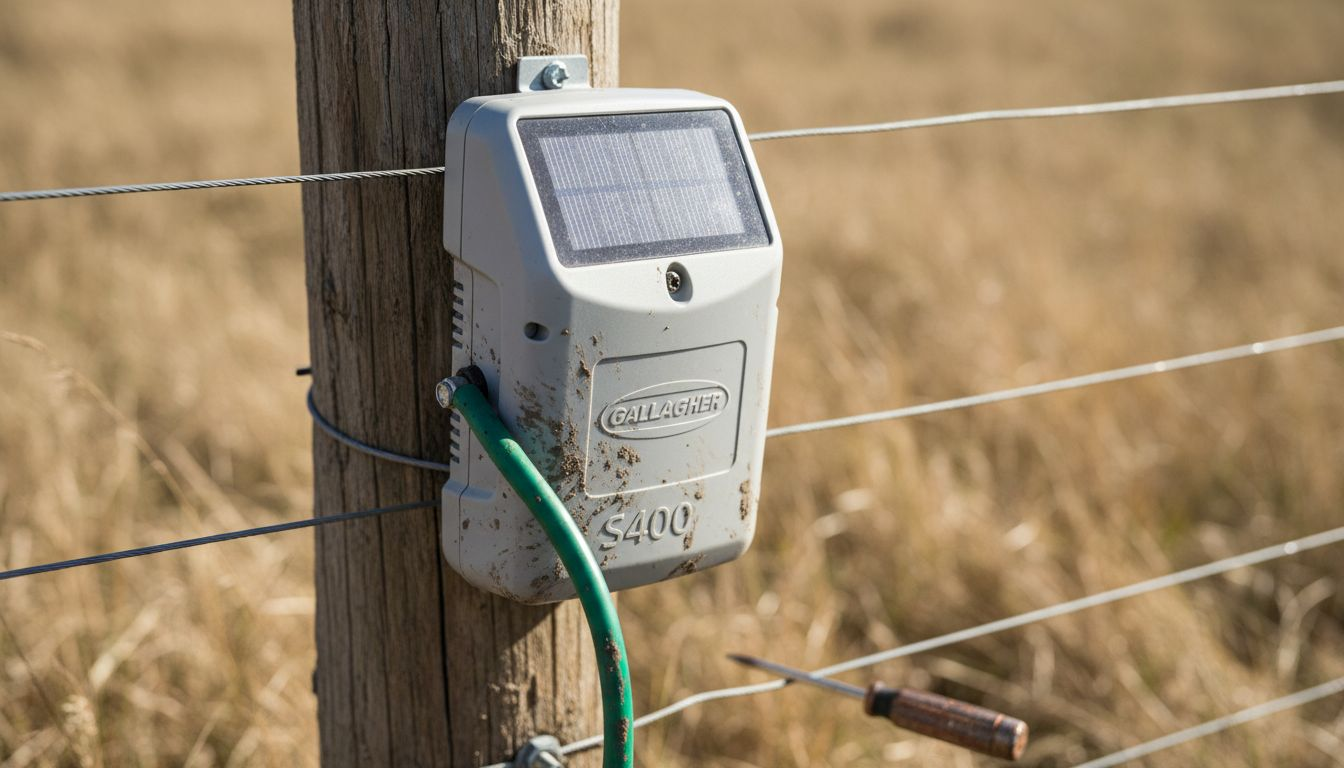 Close-up Gallagher S400 fence charger mounted