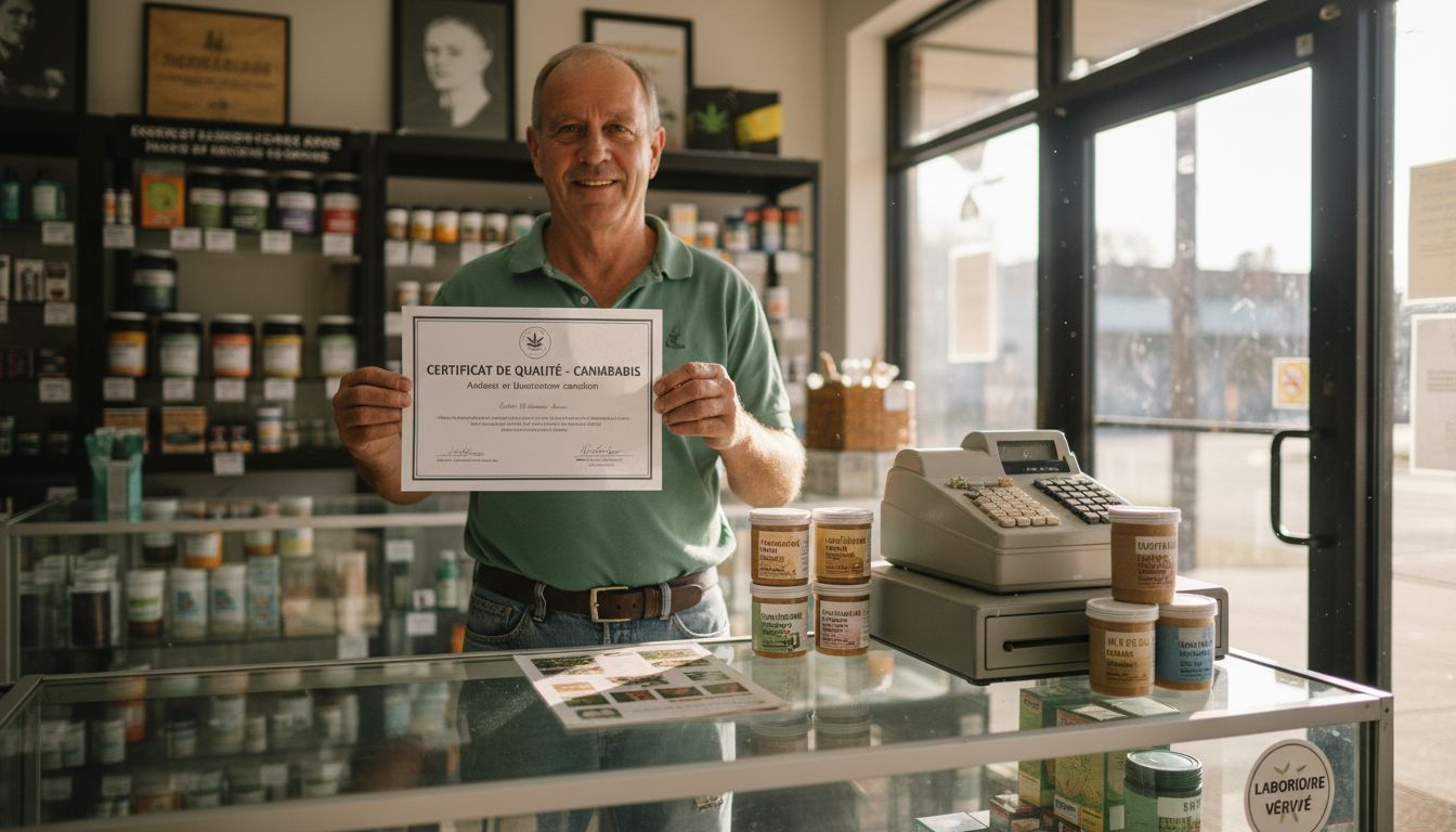 Cannabis dispensary manager showing lab certificate