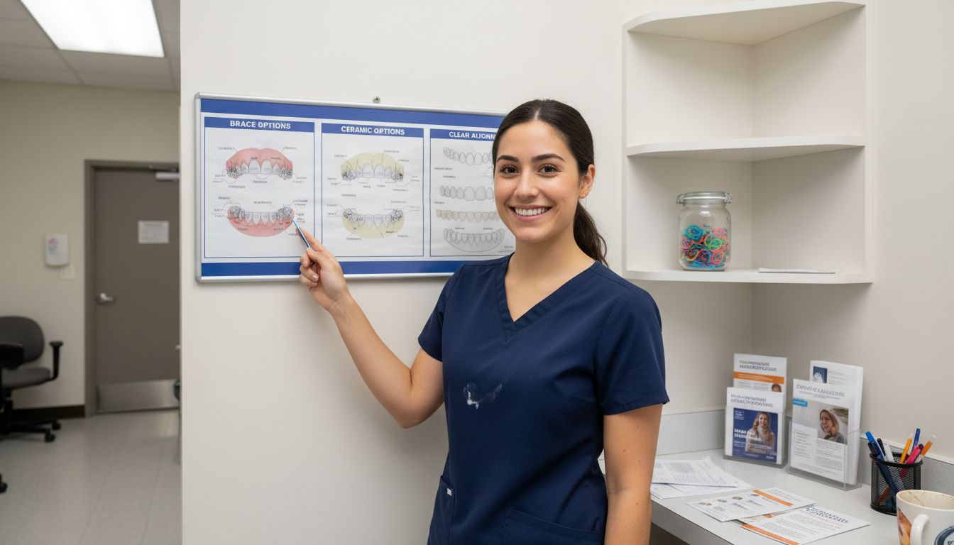 Orthodontist showing types of braces on display