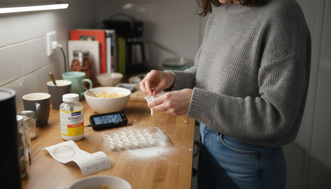 Woman preparing psilocybin capsules on kitchen counter