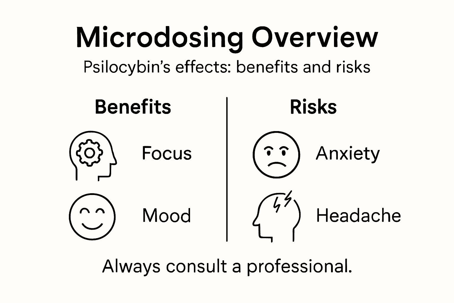 Infographic with microdosing psilocybin key benefits and risks