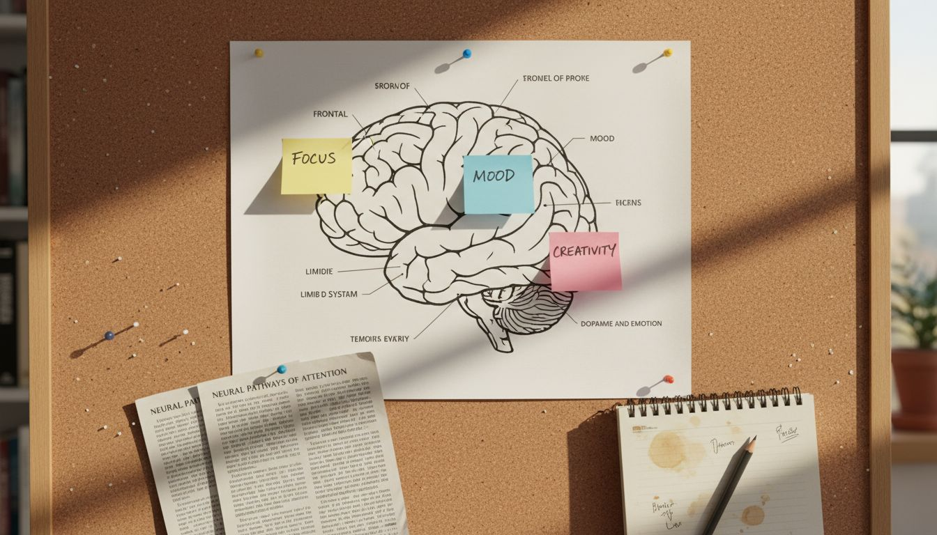 Annotated brain diagram with microdosing notes