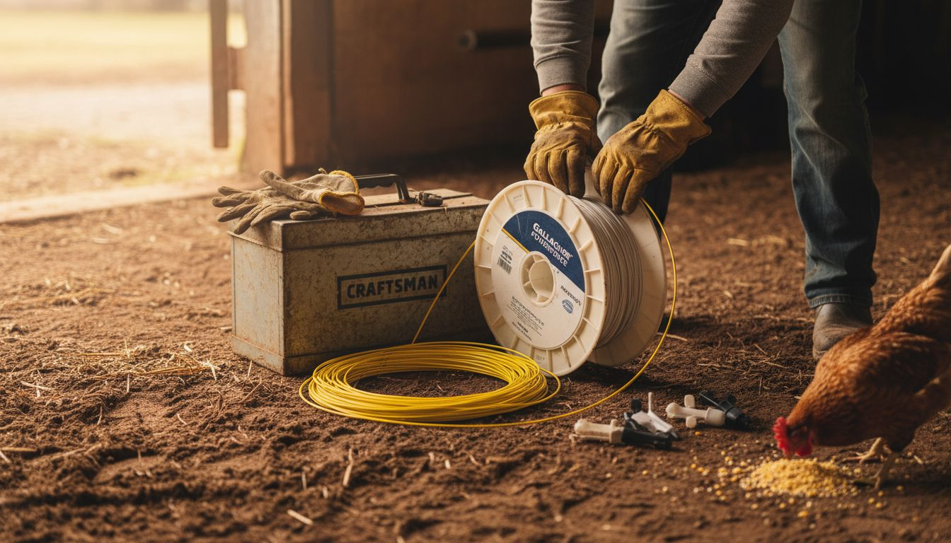 Close-up of ranch hand handling polywire fence