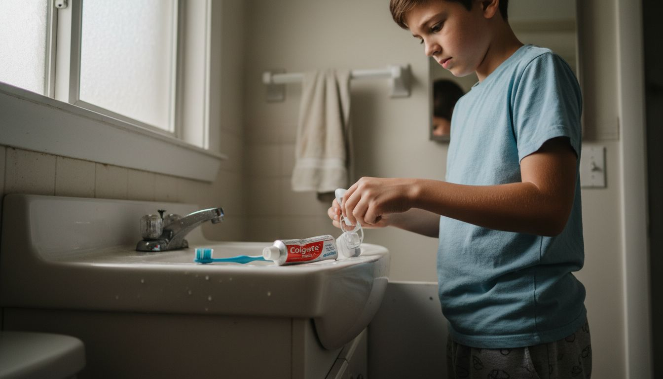 Child organizing aligner kit in bathroom