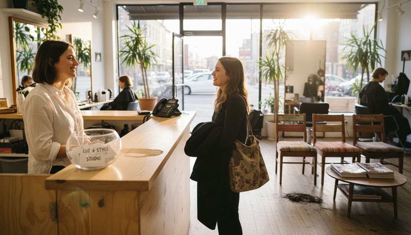 Salon receptionist greeting client at front desk
