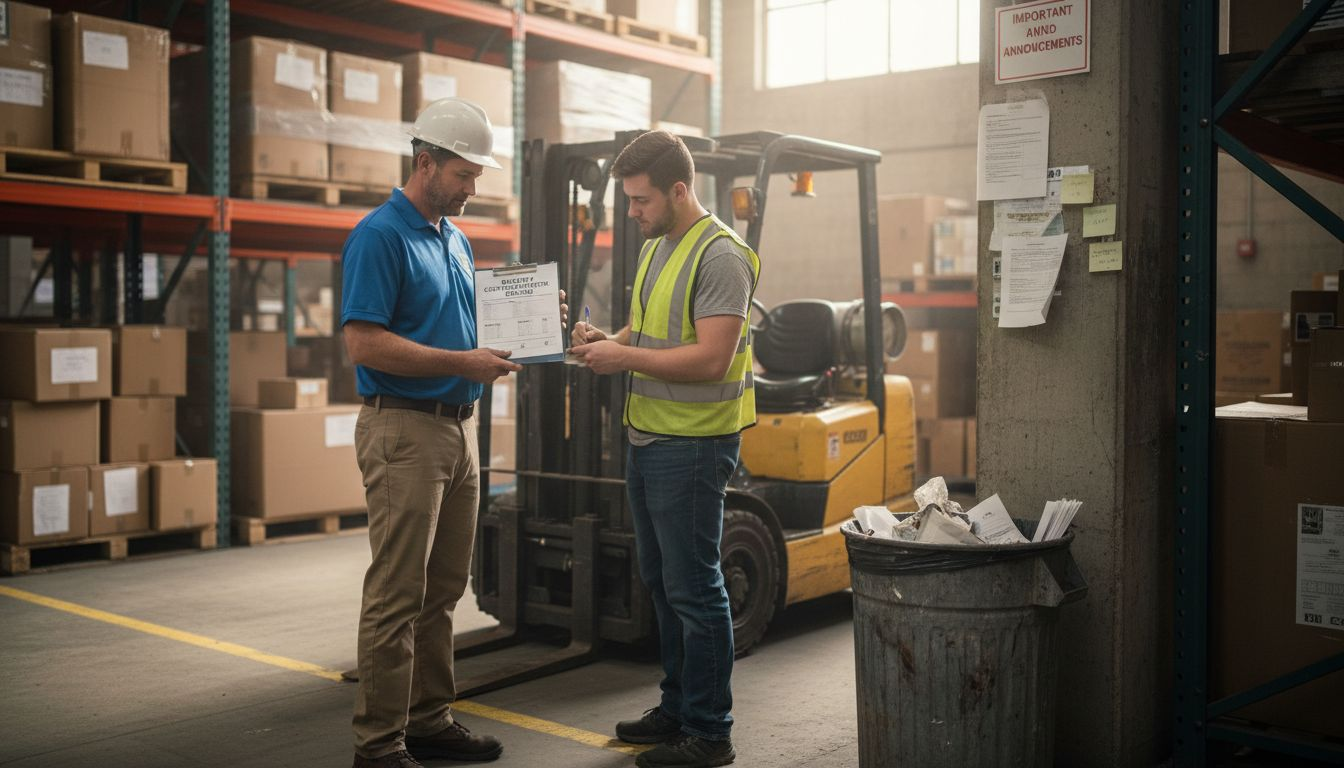 Supervisor verifying warehouse forklift certification