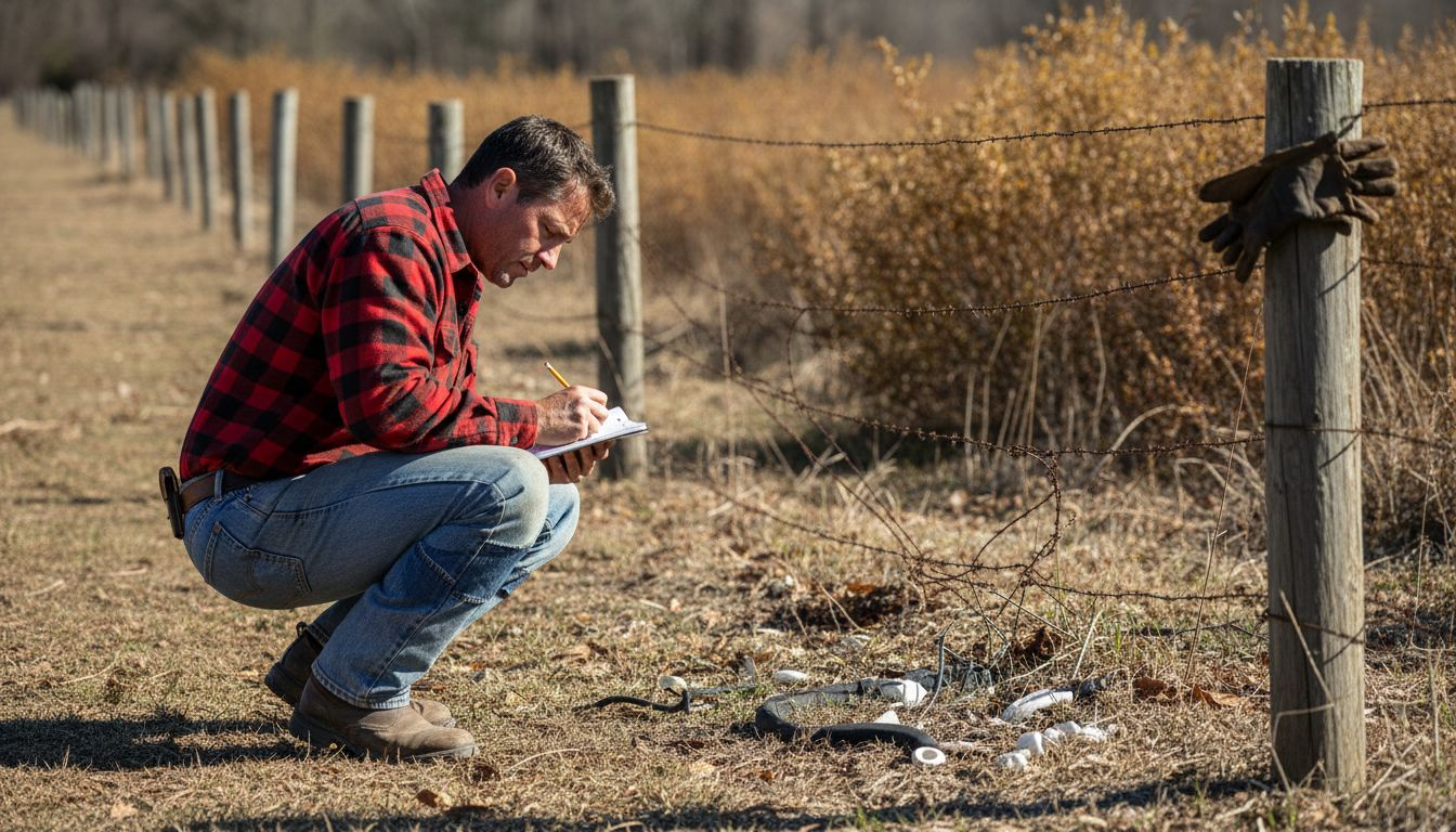 Worker inspects damaged electric fence wire