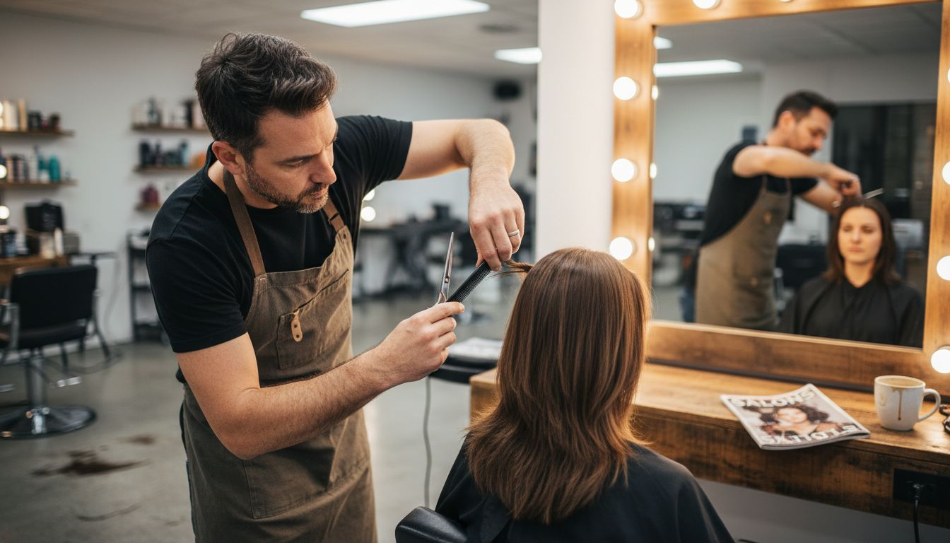 Stylist demonstrating precision haircut technique