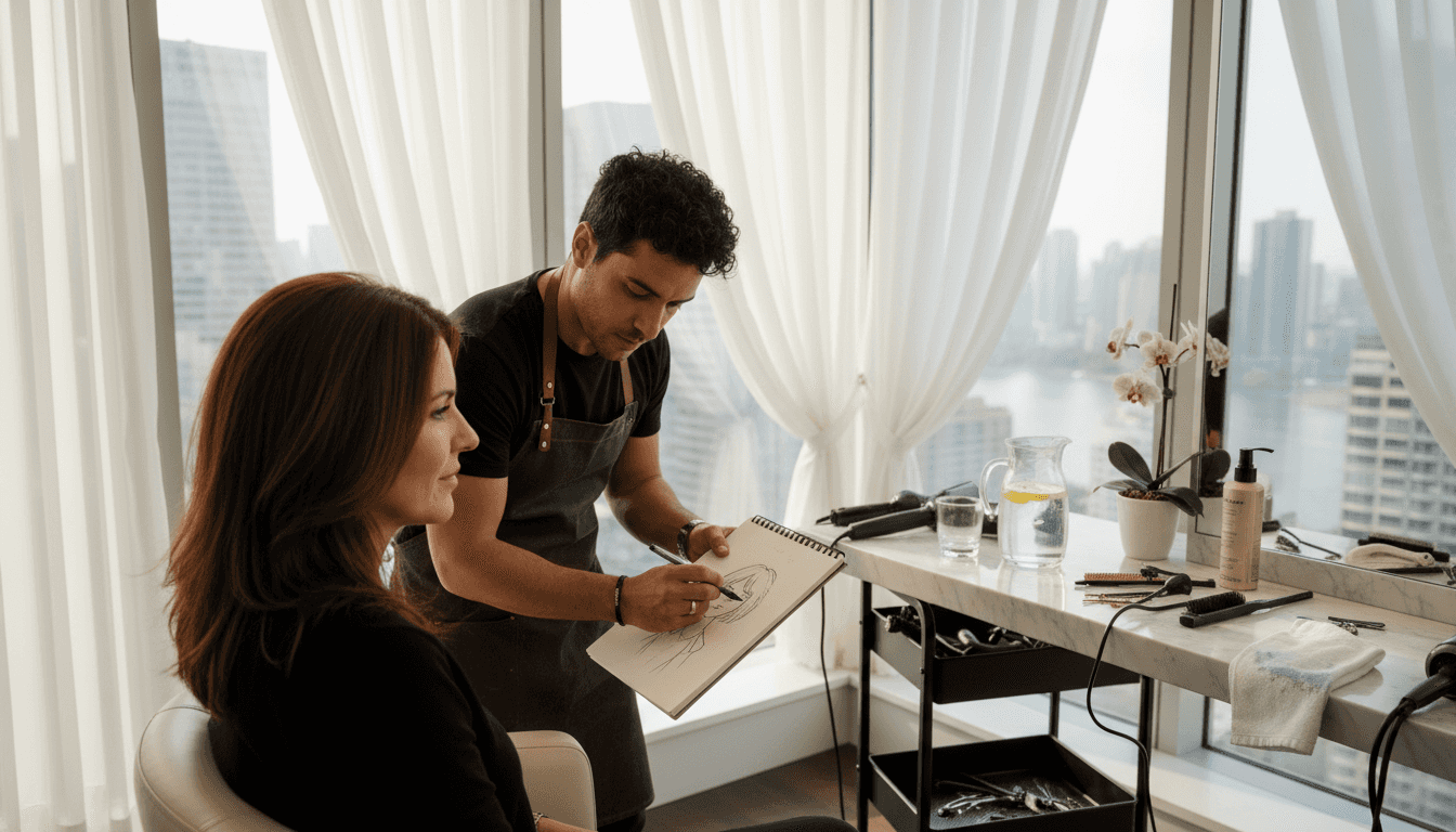 Client stylist consultation in upscale salon