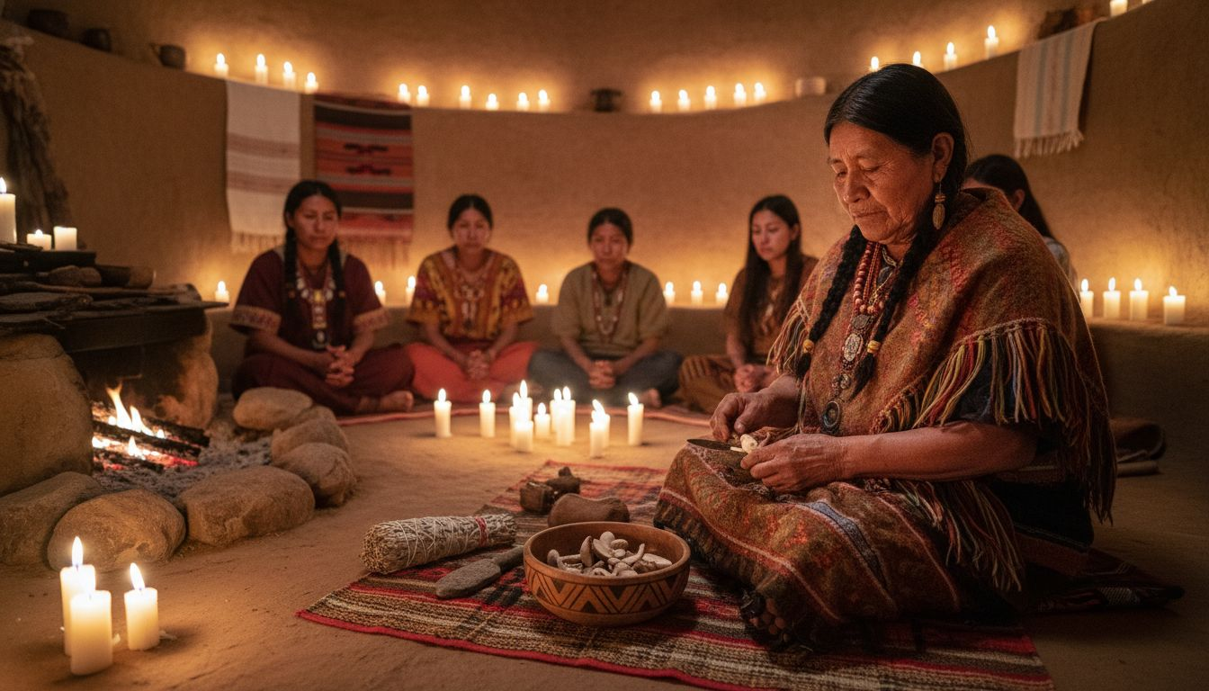 Indigenous ceremony preparing psilocybin mushrooms