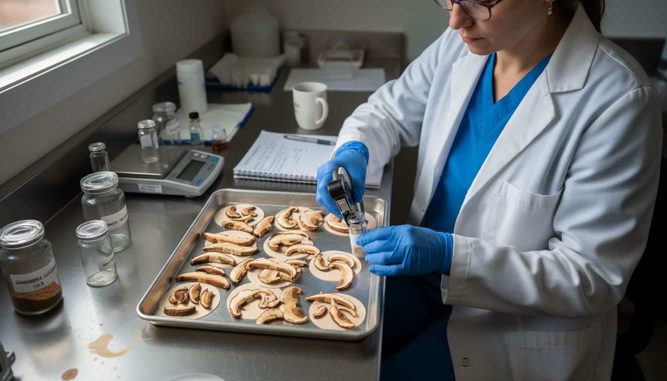 Lab technician testing psilocybin product quality