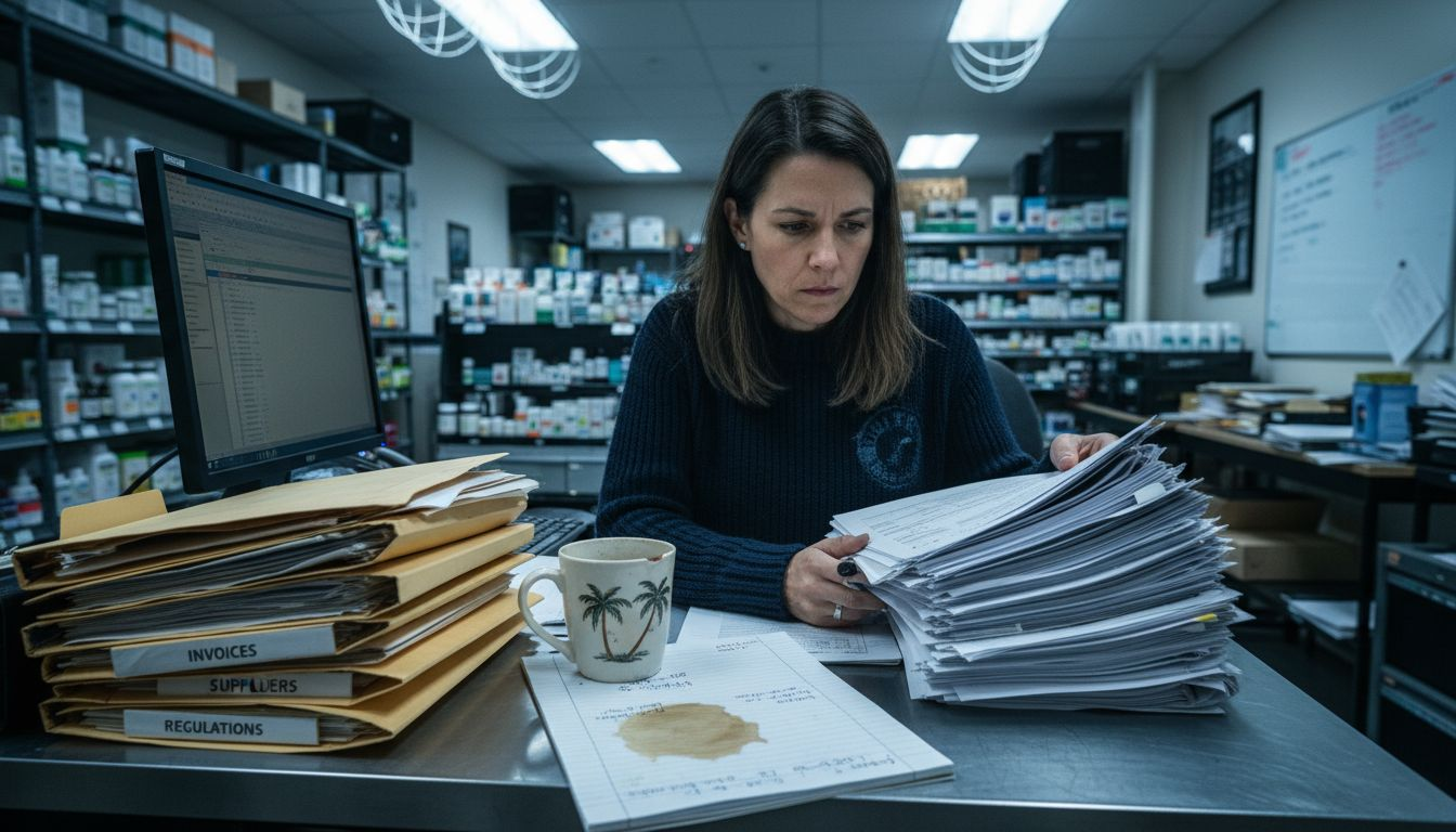 Retail manager reviewing CBD compliance paperwork
