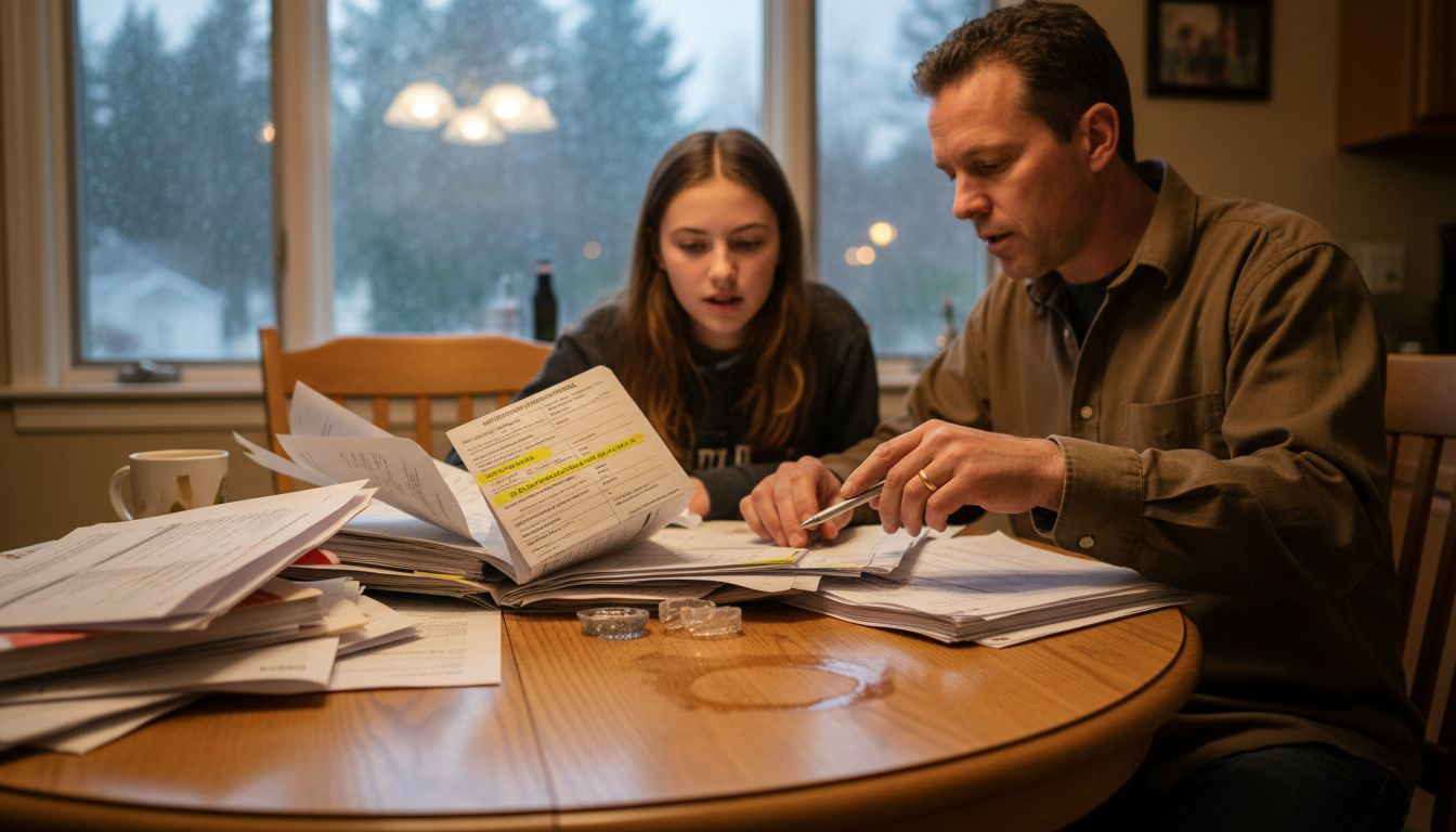 Family reviewing braces insurance papers at table