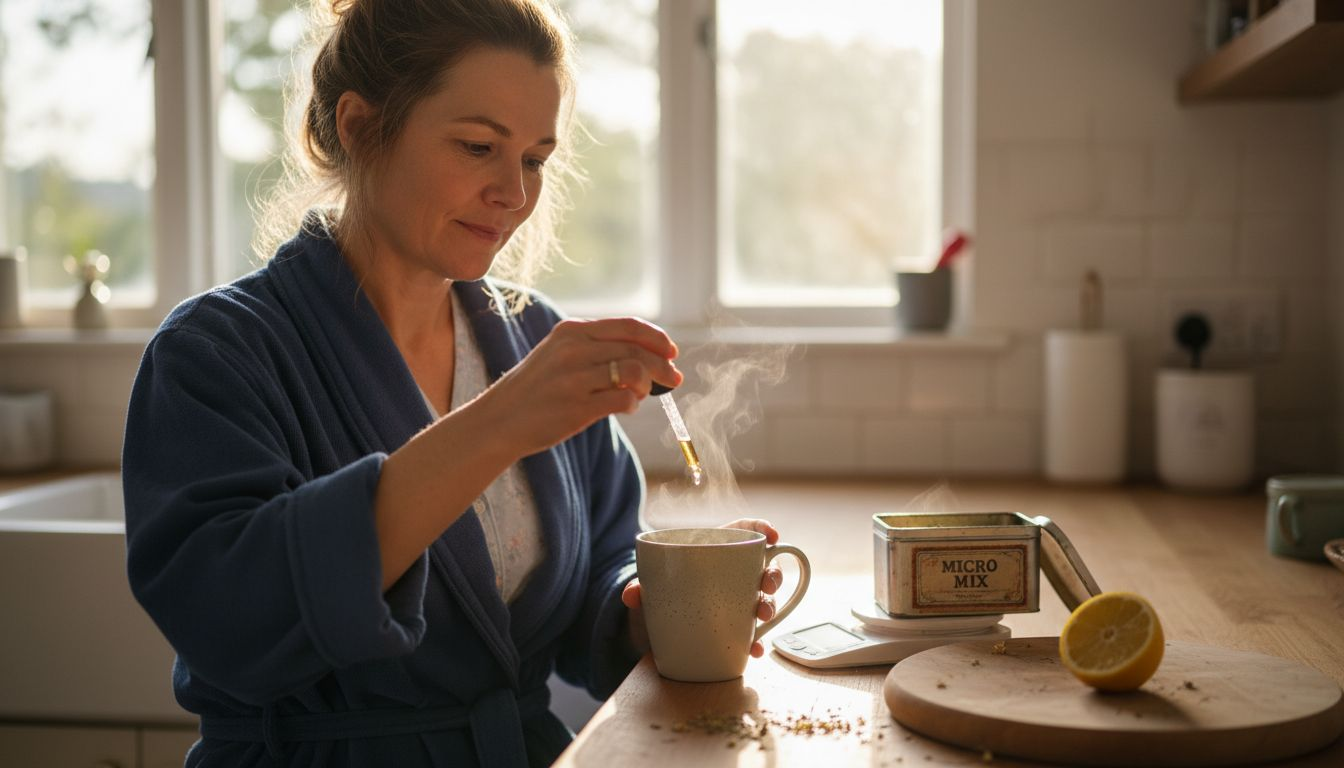 Woman preparing precise microdose in kitchen