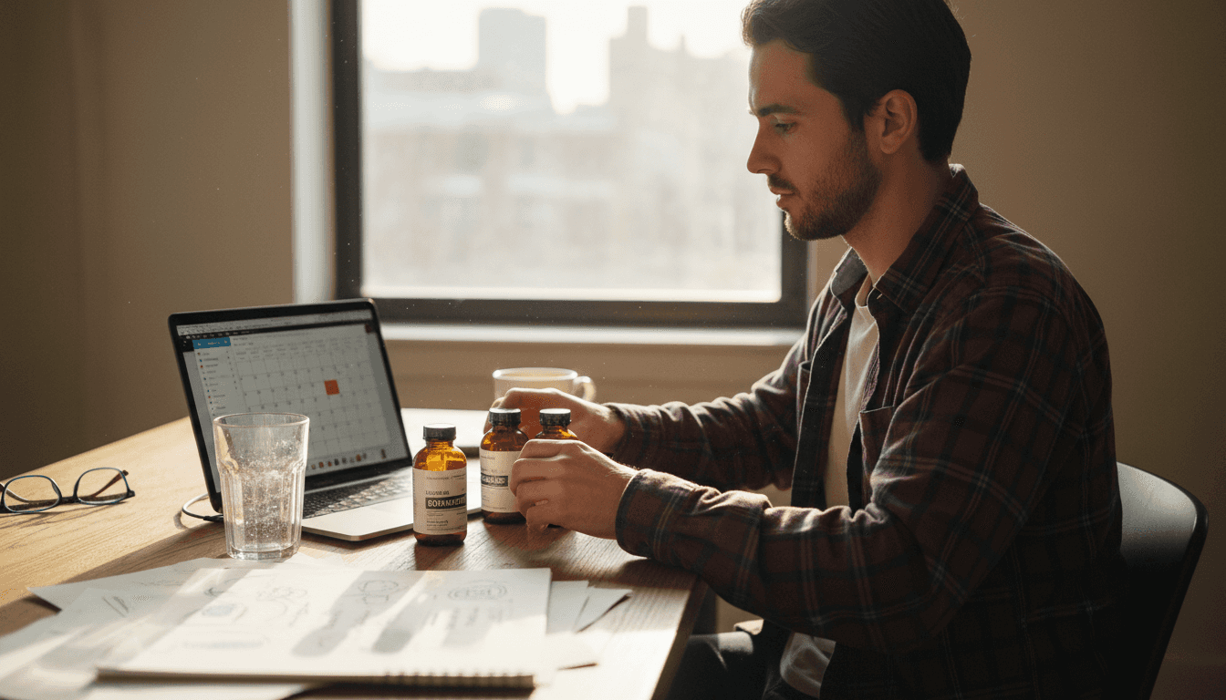 Man sorting mushroom supplements at desk