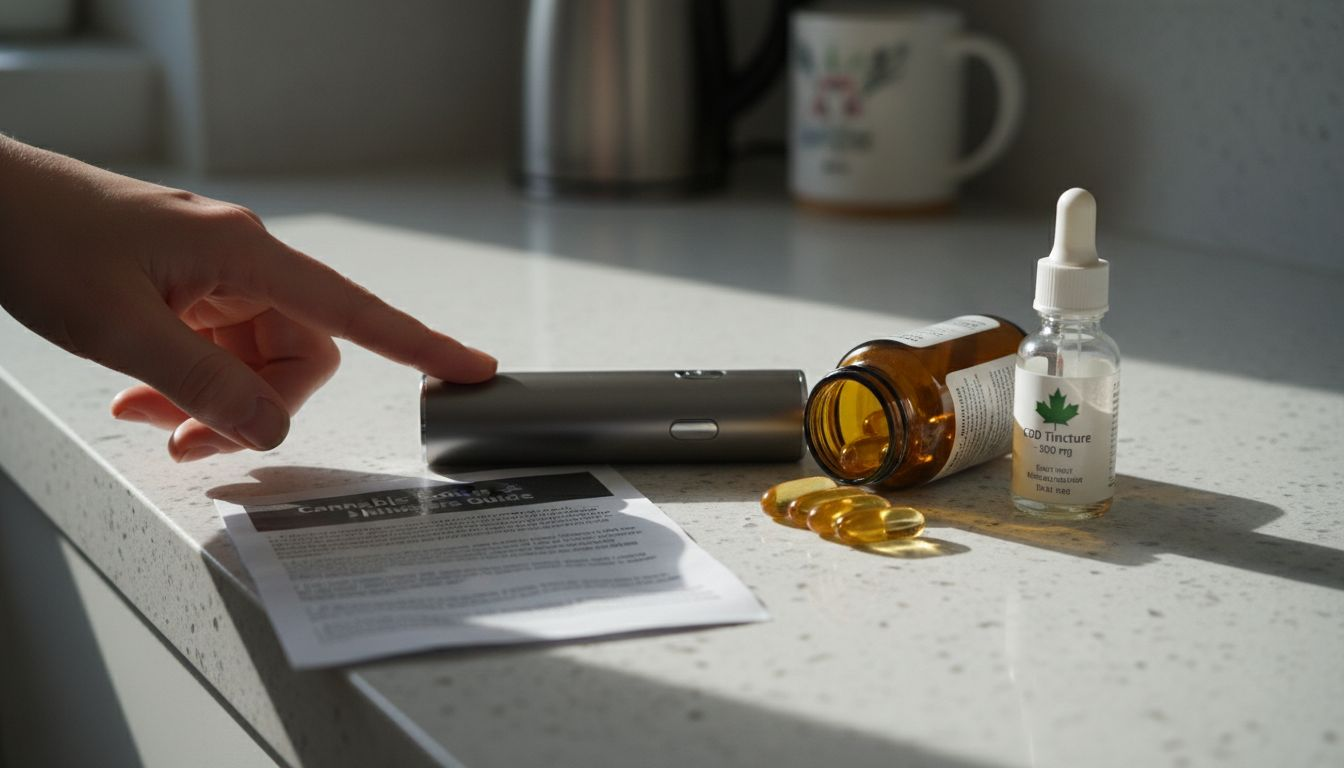 Cannabis vaporiser, capsules, and tincture on counter