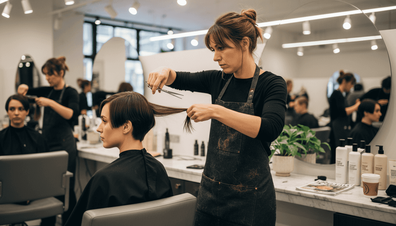 Hair stylist shaping artistic haircut in salon