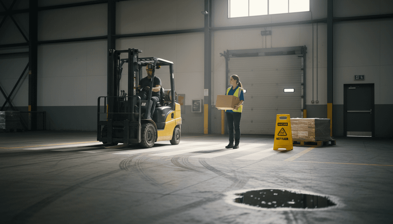 Forklift stops for pedestrian at caution zone