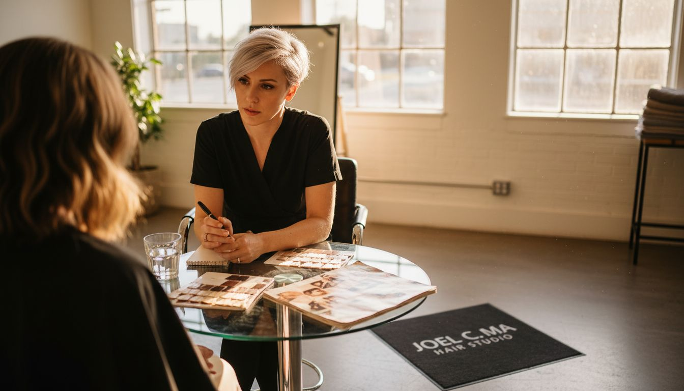 Stylist consults with client at bright salon station